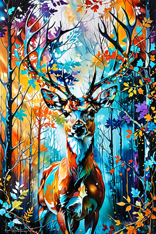 abstract painting Entanglement art,
Crazy colors, awakening, mysterious deer, gigantic, shining antlers, metaphysical deer.