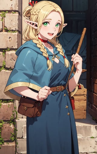 ,dmeshimarcil,robe,choker,belt,capelel,solo,portrait,masterpiece, best quality, 1 ELF girl, blonde hair, pointy elf ears, green eyes, blonde braid long hair, smile, sandals, belt, looking at viewer, fantasy dungeon background, dress, pouch, bag, capelet, robe, hair ornament, elf, blonde hair, 1girl, FFIXBG, long hair, braid, twin braids,giggling,