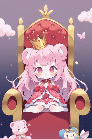 Prompt: Magical POP illustration,cute little Teddy bear,pink loli  dress,Beautiful embroidered dress,furry girl,Deformed,
sitting on the throne,
crown_nikke