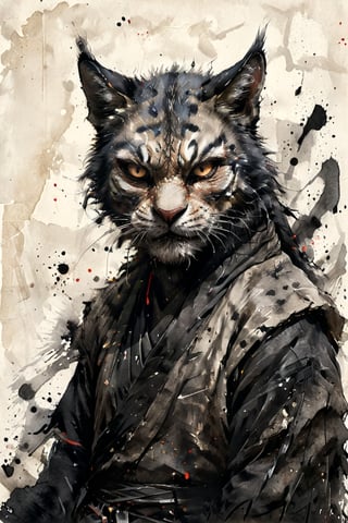  Elder Khajiit, rendered in sumi-e style, fierce eyes glaring intensely at viewer, face partially wrapped in tattered cloth. Bold, expressive brush strokes capturing fur texture and facial features. Dripping ink creating sense of gritty atmosphere. Minimalist background with ink splatters. Blend of traditional Japanese ink painting and dark urban aesthetic. Powerful contrast between black ink and white paper. Emanating aura of strength and defiance,ink