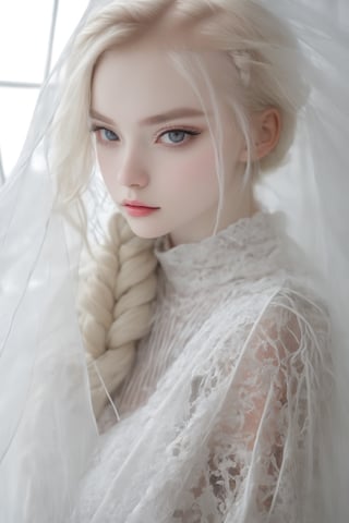 1 girl, albino girl,12 years old,(Pure white long braided pigtails),braided hair, Beautiful iris with high precision,,sexy mesh fishnet blouse,Girl in transparent raincoat,Luxury Room Backdrops ,dal,loukong1,gigantic_breasts