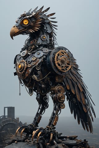 A griffin,made from gears rusted metal, and glowing parts, with its wings spread wide. The griffin's body is an intricate assembly of interlocking gears and corroded metal plates, giving it a rugged, industrial appearance. Its eyes and certain joints feature glowing, luminescent elements that pulse with an eerie light. The wings, constructed from overlapping metal feathers, are extended majestically, each feather adorned with tiny, glowing circuits. The background is a dark, misty landscape with hints of ancient ruins, enhancing the mythical and mechanical nature of this fantastical creature,adding to the steampunk atmosphere.",Mechanical