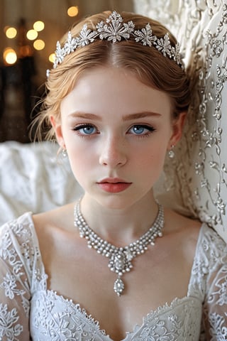 ((Bokeh:1.5)),((Soft focus:1.5)),(Fog),((blur)),(Lens Flare),
The Childlike Empress,stunning beautiful young albino girl,12 yers old,alabaster skin,Brown hair,very short Brown hair,((Slicked back hair)),((Forehead)),(head chain with jewelry stone),
girl has Beautiful blue eyes, soft expression,(heavy black eyeshadow:1.2), Depth and Dimension in the Pupils, wears white delicate fractal pattern lace dress,Incredibly long Dress Lace,
Lying on a bed of shells,
creating a sense of movement and depth,
p3rfect boobs,3d toon style,Face makeup,Anime Style