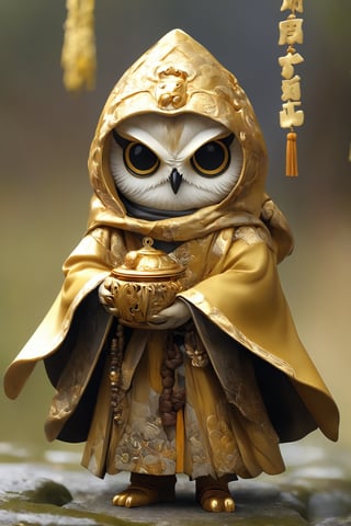 (Cute owl),chibi, Buddhist monk's robe,owl head monk, wearing gold brocade robe,((hooded monk robe)), ,sacred atmosphere,Owl