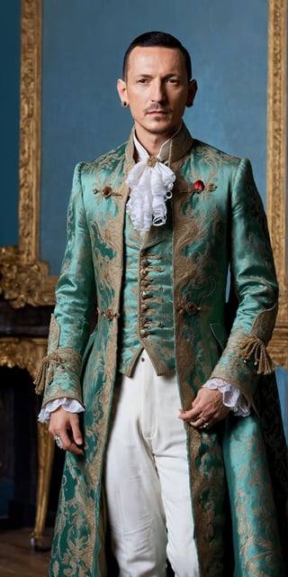 male aristocrat,handsome and beautiful Chester Bennington,
Wearing luxury sack-back gown,
detailed and opulent description of a male aristocrat's sack-back gown in Rococo style, emphasizing luxurious fabrics, intricate embroidery, and ornate accessories, while capturing the essence of the extravagant fashion of the era,photo r3al,ch3st3r