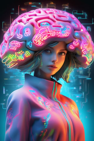 a white woman,with a very distinctive and stylized neon brain,that is designed to look like a brain filled with logos, transparent logos, of car brands, food brands, clothing brands, technology brands, beverage brands, computer brands, publishing brands, the logos are distributed throughout the brain and perfectly fused. This elaborate design comes in what appears to be a neon shade that contrasts with the person's light complexion. The individual has defined facial features, with a strong jaw, prominent cheekbones, and deep-set eyes. she wears [a jacket] with neon designs that echo the brain's neon theme. The person's gaze is directed slightly off-screen, giving the image a contemplative or introspective mood. This brain is a piece of artistic fashion. It shows a fusion of contemporary fashion with elements of customer