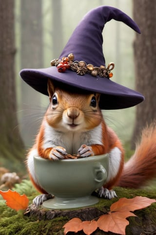 From beneath the brim of the witch's hat, a cute wild squirrel peeks out, its tiny face framed by the hat's enchanting adornments. With bright, curious eyes and twitching whiskers, it adds a whimsical touch to the mystical scene, embodying the playful spirit of nature amidst the magic of the witch's hat.,a1sw-InkyCapWitch