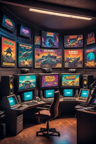 A retro-futuristic gaming computer room decorated with classic video game posters, CRT monitors, sleek gaming chairs, and a huge classical computer, each station is equipped with multiple monitors, RGB lighting, and high-performance peripherals.,retropunk style