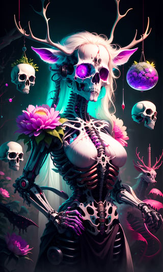 ultra beautiful aesthetic art,pastel art,light coloring,Flower Garden,beautiful girl,bizarre dress, Body fused with machine,Bizarre cyborg artwork,Body in pieces by pieces, lot goa,blood,elk Head skull, necromantic mechanical necro girl,beautiful Face,hanfulolita,skull,Illustration