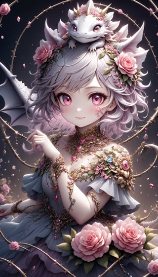  portrait of cute dragon,(dynamic  pose), Realism,One Girl, A girl whose entire body is organically composed of intertwining roses and thorny vines. The scales adorning her cheeks shimmer with prisms of glass and delicate shades of blooming roses, and sharp thorns protrude from them. Elegant golden chains and gemstones jewelry and ornaments, a soft smile on her face.),more detail XL,,cute dragon,sticker,DonMS4kur4XL,Decora_SWstyle