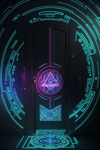 fantacy game , designed  a classic door for quantum dimention, colourful a mesmerizing acrylic painting showcases a neon-lit lighting paranormal a classis key quantum encryption.the main  subject of the painting is an intricate network of glowing, ethereal symbols and patterns floating in a vast, dark void , Roman style .