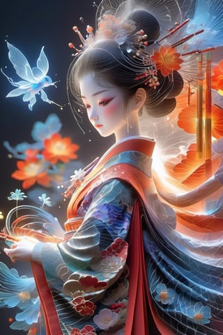  (realistic, photo-Realistic:1.3),red color theme,
Hologram stunning courtesan (oiran) girl in hologram,Light Outline,traditional Japanese attire, hologram,embodying the grace and beauty of a flower. Envision an intricately adorned hologram kimono featuring vibrant and intricate floral patterns, outline only, wireframe, glowing wireframe, pretty girl, rainbow hologram,futuristic, transparent body, void body, only outline neon tube,rainbow colors,, aesthetic grid, silhouette ,3D Mesh,Geisha,minimalist hologram