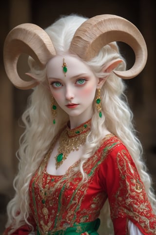  albino devil girl,
 (complex long horns: 1.2), in traditional Italian and Sardinian costume, endlessly beautiful emerald eyes, her ethereal presence accentuated by the transparency of her pale skin, her striking emerald eyes radiating an otherworldly glow,
Break
Wrapped in the vibrant colors and intricate designs of her artistically embroidered blouse, colorful skirt, apron, and Sardinian folk costume in red and white tones, she exudes an enchanting allure that transcends the realms of fantasy and reality,photo_b00ster