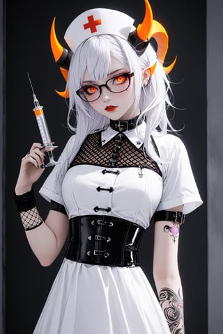 1 girl, albino demon girl, with lethargic sleepy smokey eyes,white eyelashes,((orange slit pupil eyes)),nurse cap,mesh fishnet blouse,pure White long dress, (long intricate horns:1.2) ,(midriff-baring outfit),
Goth tattoos,gothic-emo theme, she is characterized by her unique fashion sense,((Her uniform is white)), black-rimmed glasses, with deep purple and crimson accents,((syringe in her hand:1.2 )), (Womb Tattoos),
a lace-up corset at her side,Nurse suit,goth person,womb tattoo,ACPt