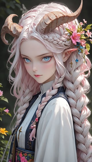 albino Demon Girl, (long intricate horns:1.2),Beautiful nordic girl, a nun adorned in a colorful and stunning floral-patterned habit,(pink wimple),
colorful scapulae,Cross,
Very long braided hair,colorful braided hair,radiating vibrancy and life.,Her attire exudes warmth and kindness, spreading serenity like a blooming garden. With elegant grace, ,mizuki shiranui,aesthetic portrait,ktrmkp,Realistic Blue Eyes,tlps,ct-niji2