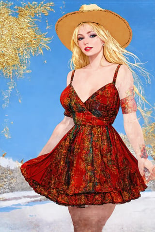 gold foil stamping art,art nouveau style,flat Illust,beautiful blonde lady, Official Art, Art Station, Beautiful and Aesthetic, One Girl, Highly Detailed, (patchwork style dress),
A Scandinavian woman of supernatural beauty,
Full body, looking at the viewer, (model pose: 1), cowboy shot,photo_b00ster,perfect hand