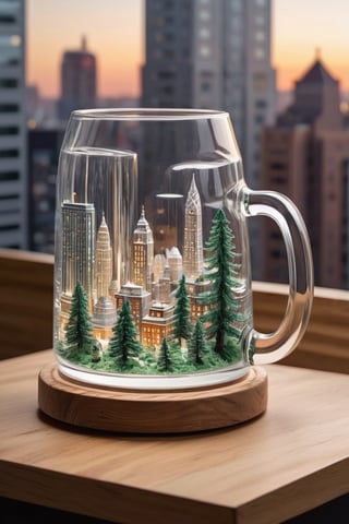 Imagine a lively metropolis within the beer stein – tiny skyscrapers made from delicate glass, intricate streets lined with minute trees, and even a microbrewery corner with its own nano-sized patrons. Every detail, from the miniature lampposts to the teeny-tiny park benches, contributes to the charm of this beer glass diorama. The cityscape comes to life, capturing the essence of a bustling urban environment in a whimsical and incredibly detailed fashion.,rivghn