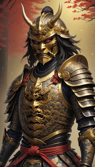  full Armor samurai, stands clad in intricately crafted traditional armor,golden accents,red demon mask, meticulously designed with expressive features,horn helmet, elaborate gold,traditional japanese art,ani_booster,armour wars 