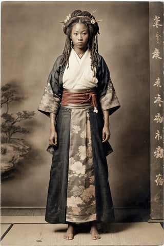 ultra Detailed,ultra Realistic,full Body,Old photo,
 kimono, oscabbard  at waist, bathed blood,  handsome and strong African Girl, very very long  dreadlocks, large breast, Cleavage, muscle,Japan Medieval age foreigne, hakama, Japanese style gaiter, kanji Tattoo,African SAMURAI Girl 
,analog