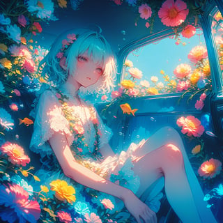 Simple minimum art, myths of another world,
pagan style graffiti art, aesthetic,
1boy, interior of an old car, many beautiful blooming flowers, the car covered with plant vines, the interior of the car, a boy sitting in the car, the car is sunk at the bottom of the sea, beautiful flowers and coral reefs, many jellyfish surround the boy, flower car, in car,anime,underwater,emo,dal-1