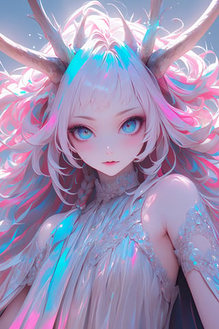 ultra Realistict, demon girl, (Complex Longhorn: 1.2) ,crazy alternate hairstyle, amazingly intricately (dreadlocks) hair,colorful color hair, each braid painstakingly created,decorated with delicate accessories and beads,aesthetic,Beautiful Blue eyes, ,Rainbow haired girl ,bj_Devil_angel,dal-1,Realistic Blue Eyes