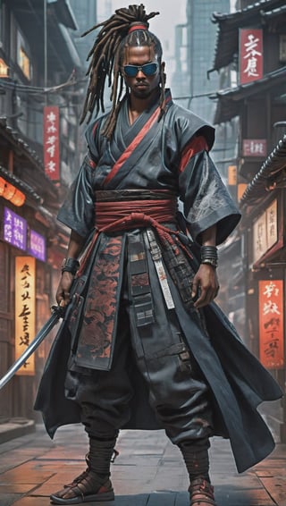 ultra Detailed,ultra Realistic,full Body,
cyberpunk style glass made translucent male kimono, one Katana in scabbard  at waist, bathed blood, Wearing aviater sunglasses, 1 beautiful young cyberpunk style cyborg boy,  handsome and strong African boy, very very long  dreadlocks, muscle,Japan Medieval age foreigne, hakama, Japanese style gaiter, kanji Tattoos, bandanna Face mask、fight pose, , A African SAMURAI Girl who has fought on the battlefield for a long time and considers the honor of a samurai to be his first priority, 
cyberpunk City background,