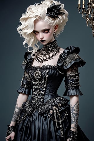 The albino demon girl, is dressed in a captivating blend of Baroque and punk fashion styles. Her attire features ornate Baroque-inspired garments with intricate lace, ruffles, and embellishments, reminiscent of royalty from the Baroque era. However, the traditional elements are juxtaposed with edgy punk accents, such as leather straps, spikes, and chains, adding a rebellious and modern twist to her ensemble. The color palette includes rich jewel tones and metallic hues, enhancing the opulent yet rebellious aesthetic. ,photo_b00ster,ct-niji2