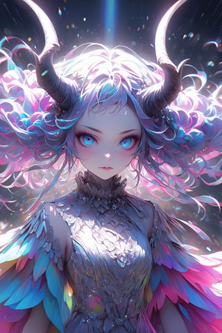 ultra Realistict, demon girl, (Complex Longhorn: 1.2) ,crazy alternate hairstyle, amazingly intricately (dreadlocks) hair,colorful color hair, each braid painstakingly created,decorated with delicate accessories and beads,aesthetic,Beautiful Blue eyes, ,Rainbow haired girl ,bj_Devil_angel,dal-1,Realistic Blue Eyes