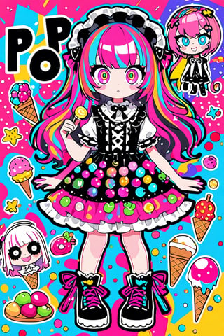 children's doodle style,
Colorful pop art, candy pop, lollipop punk, brightly colored berry beans, emo pink lolita girl,big Eyes,A dress made of jelly and ice cream,
 maximalism design,emo,dal-6 style,Color Splash