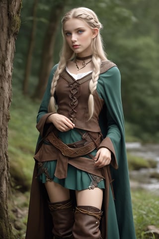 1 girl,elf traveler, combines rugged practicality with elfin elegance in attire inspired by medieval Nordic fashion, wearing Celtic-inspired garments, cowboy chaps, thigh-highs, tunics and cloaks, and an air of elegance.,Young Girl