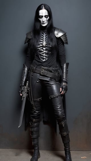 ultra Realistic,  night club background, (black metal fashion Girl), (tilda swinton), SATANIC style, long black hair, Corpse Face paint, Inverted crossnecklace, machinegun rounds belt, Medieval shoulder Armor, Industial nail wirstband, black leather pants, large Medieval shin guard, black leather shirt painted pentagrm, aesthetic portrait, , , , , 