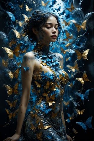 entangled art,gold leaf drawing of woman's elegant silhouette,Her body is composed of multicolored butterflies that dance around her, creating a delicate and ethereal atmosphere. The butterflies vary in size and color, graffiti,BJ_Blue_butterfly,aesthetic,dripping paint,DonML1quidG0ldXL 