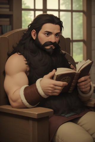 score_9, score_8_up, score_7_up,solo, senshi, handsome man,(gentle black eyes),Realistic,
bushy beard, bracer, Sitting on wooden chair,(kind face), reading book, long buckwheat hair,cip4rf,Mfxl