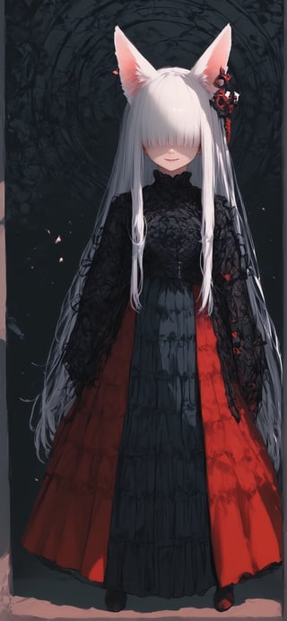 (score_9,score_8_up,score_7_up),solo,Albino fox Girl,animal fox ears,red eyes,long pure White hair,red skirt,goth style luxury layered kimono,hair ornament,(hair over eyes:1.5), (bangs cover her eyes:1.5),Full body,v,smile,goth girl,sagawa,garter straps,YuukiTeitoStyle,Examplelora,Details,G41xy 