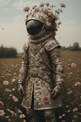 beautiful bizarre,The Art of Kris Kuksi,Intricate Design,Aphrodite, 
A person whose head is a tank turret,wears the coat of a medieval nobleman,
,action figure,LimbusCompany_Dante,astronaut_flowers,flower Field