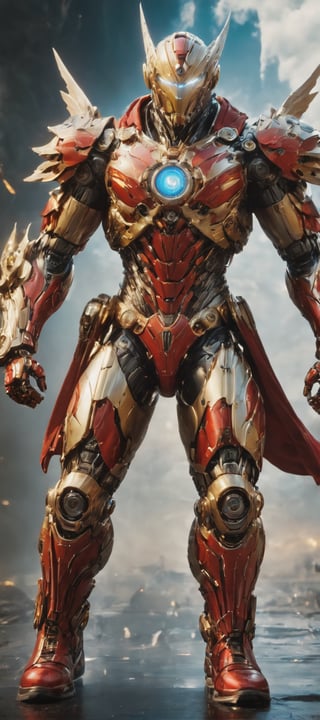 A male superhero that inspired from a cross between Ultraman and Godman, He wears a full red suit that has shining silver steel areas around his pectorals and lower body, On his legs part his red suit fades into golden gradient until the end of his mechanical boots, generate a golden markings on his lower arms, red stripes of energy core spread out from his forehead to his face, His eyes have no pupils or irises and are just completely glowing Yellow full with energy, at the top of his head stretch long bleach-blonde hair that flows down his back showing his majestic appearance, toned and muscular, extremely detailed, hyper-realistic, high_res, HDR, ,ROBOT, SIDEVIEW