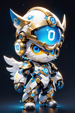 Create a digital mascot with specs a blue and white eye mascot with neon wiring and translucent eye visor chip and circuitry, put a  helmet visor with gold and metallic translucent glass in the forehead, in the style of futuristic mascot, some translucent electrical wiring and gold metal bolt to form a majestic component formationin this mascot body, (((put number 10 on body))) 