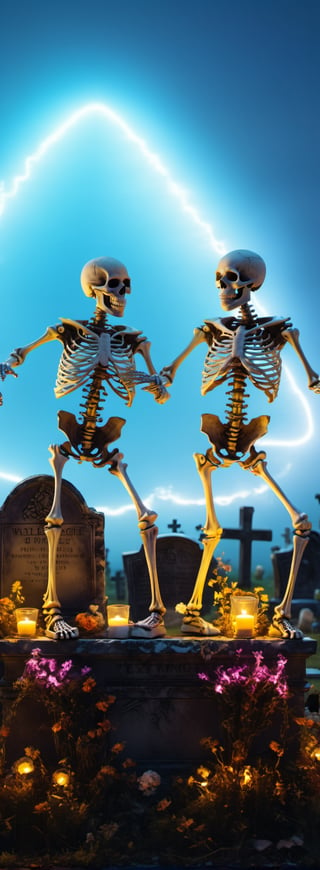 A pair of skeleton dancing in a Cemetery full of tombstones,  waltz dance pose, eerie ghostly siluet under moonlight, add some mystery and spooky atmosphere in this scene,  (hyper-realistic:1.2), [square neon | triangle neon], dark tones, ultra high resolution,  8k,  ultra high quality,  cinematic lighting,  high contrast, low saturation,  vibrant color,  sharp focus,  depth_of_field,  Square neon, volumetric mist,  EpicArt, full body,detailmaster2