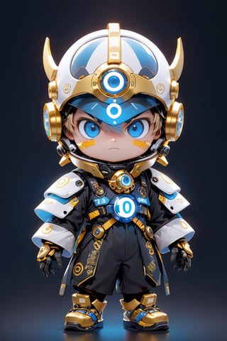 Create a digital mascot with specs a blue and white eye mascot with neon wiring and translucent eye visor chip and circuitry, put a  helmet visor with gold and metallic translucent glass in the forehead, in the style of futuristic mascot, some translucent electrical wiring and gold metal bolt to form a majestic component formation on this mascot body, (((put number 10 on body))), Square neon ***LENKAIZM***