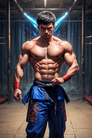 A battle Royal Academy, blood tournament, martial arts, jeet Kune do vs aikido, extremely detailed, veined muscles, photorealistic, hyper high quality image, add super power effect into this image, ,DonMDj1nnM4g1cXL 