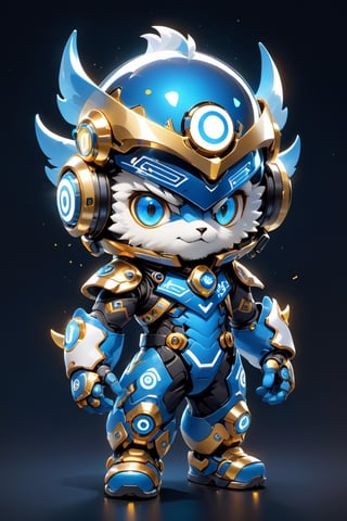 Create a digital mascot cyber justice with specs a blue and white eye mascot with neon wiring and translucent eye visor chip and circuitry, put a  helmet visor with gold and metallic translucent glass in the forehead, in the style of futuristic mascot, some translucent electrical wiring and gold metal bolt to form a majestic component formation on this mascot body, (((put number 10 on body))), This mascot shall be a luck totem and bless the owner with endless creativity in order to create a better digital world for Artificial intelligence Artist in the world! ***LENKAIZM***