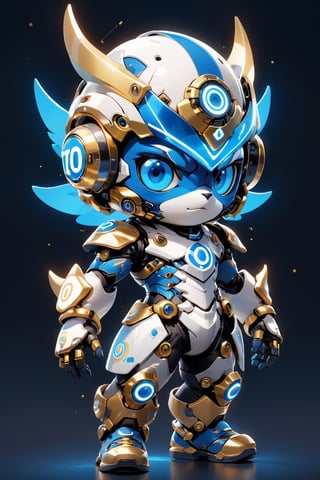 Create a digital mascot cyber justice with specs a blue and white eye mascot with neon wiring and translucent eye visor chip and circuitry, put a  helmet visor with gold and metallic translucent glass in the forehead, in the style of futuristic mascot, some translucent electrical wiring and gold metal bolt to form a majestic component formation on this mascot body, (((put number 10 on body))), This mascot shall be a luck totem and bless the owner with endless creativity in order to create a better digital world for Artificial intelligence Artist in the world! ***LENKAIZM***