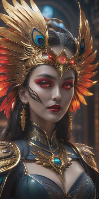 dracula woman wearing phoenix mask engraving with gold metal feather, peacock hair, very detailed glowing red eyes, sharp canines fang teeth, big breastreflection light, cinematic lighting, dramatic visual art, siluet, sharp focus, centered, eye-catching visual and colorful tones, ,Renaissance Sci-Fi Fantasy, Lenkaizm text logo