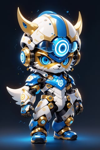 Create a digital mascot cyber justice with specs a blue and white eye mascot with neon wiring and translucent eye visor chip and circuitry, put a  helmet visor with gold and metallic translucent glass in the forehead, in the style of futuristic mascot, some translucent electrical wiring and gold metal bolt to form a majestic component formation on this mascot body, (((put number 10 on body))), This mascot shall be a luck totem and bless the owner with endless creativity in order to create a better digital world for Artificial intelligence Artist in the world! ***LENKAIZM***