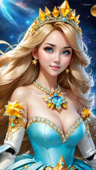 Hasilkan photo real version dari karakter ((Rosalina)) yg berasal dari Video Games, wajah European Girl, Rosalina tampil dengan busana Star Dress, mata warna cyan eyes, nama model rambutnya klo kata org bule, ((large bang of her hair covers her right eye)), star fragment cover, star galaxy background, mahkota crown princess dengan yellow star jewel, expression cute dan centil bak mempesona, tampak utuh full body, tampilan gemoy feminine, photo ini harus terlihat seperti di photo studio dan diambil oleh the best cameraman terbaik seantero jagat untuk menghasilkan komposisi gambar yang memuaskan setiap mata yang melihatnya. 
"hahahaha... I love Indonesia" :p