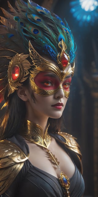 dracula woman wearing phoenix mask engraving with gold metal feather, peacock hair, very detailed glowing red eyes, reflection light, cinematic lighting, dramatic visual art, siluet, sharp focus, centered, eye-catching visual and colorful tones, ,Renaissance Sci-Fi Fantasy, Lenkaizm text logo