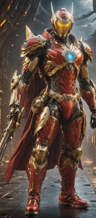 A male superhero that inspired from a cross between Ultraman and Godman, He wears a full red suit that has shining silver steel areas around his pectorals and lower body, On his legs part his red suit fades into golden gradient until the end of his mechanical boots, generate a golden markings on his lower arms, red stripes of energy core spread out from his forehead to his face, His eyes have no pupils or irises and are just completely glowing Yellow full with energy, at the top of his head stretch long bleach-blonde hair that flows down his back showing his majestic appearance, toned and muscular, extremely detailed, hyper-realistic, high_res, HDR, ,ROBOT, SIDEVIEW