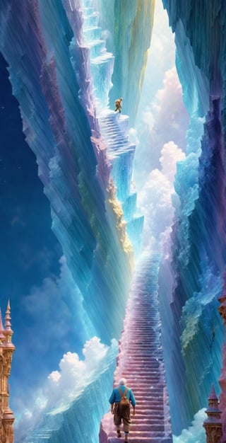 Lenkaizm Prompt: realistic cinematic photo of an old man climbing a very long magical crystal-stairs to the moon, dreamlike color inspired by Disney World, (hyper-realistic:0.7), dreamlike color composition, cinematic lighting, cloud, fantasy , extremely detailed, high quality, high resolution, 16k, blurry_light_background, Antonella Fant,Magical Fantasy style