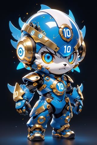 Create a digital mascot with specs a blue and white eye mascot with neon wiring and translucent eye visor chip and circuitry, put a  helmet visor with gold and metallic translucent glass in the forehead, in the style of futuristic mascot, some translucent electrical wiring and gold metal bolt to form a majestic component formationin this mascot body, (((put number 10 on body))) 