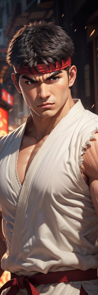 (high quality, masterpiece:1.3, 16k hdr image) Extremely detail picture of Ryu from Street Fighter game, short black hair, bold eye brow, strong jaw, heroic eyes, Veined mucle, sweat ok body and clothes, hair, extremely detailed black eyes, emitting red ki chakra aura around the body, shining skin, hyper-defined, fighting ready pose, luminous hues of golden siluet background, scenery, outdoor, building, More Detail,sfr1v